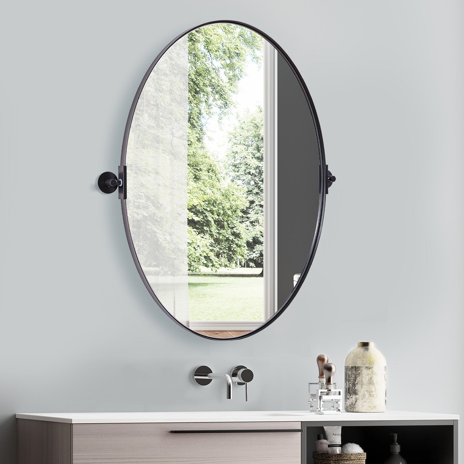 Bathroom Oval Pivot Mirror Black Metal Frame Titling Wall Mirror