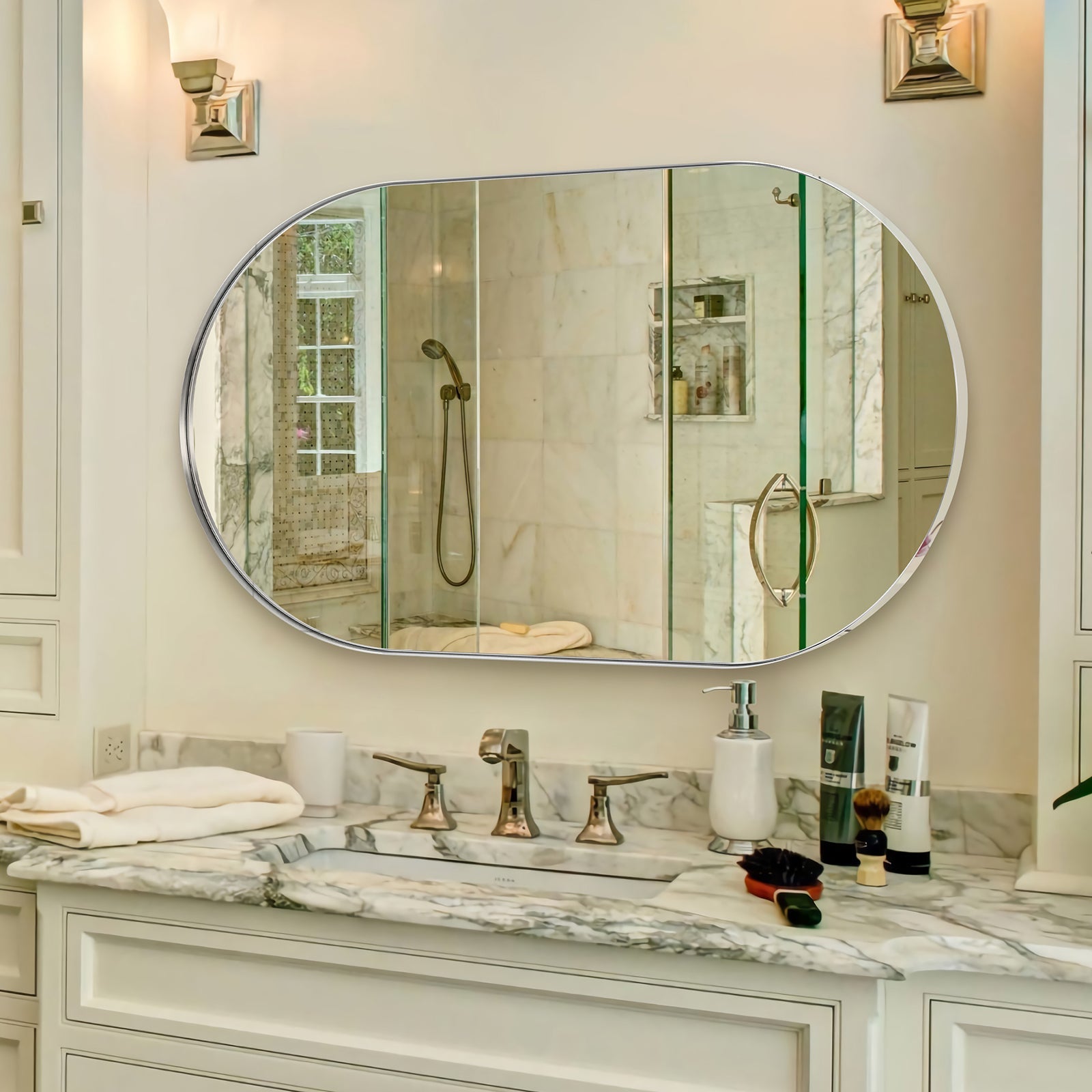 Modern Pill Shaped Capsule Wall Mirrors Long Oval Bathroom Vanity Mirror | Stainless Steel Frame