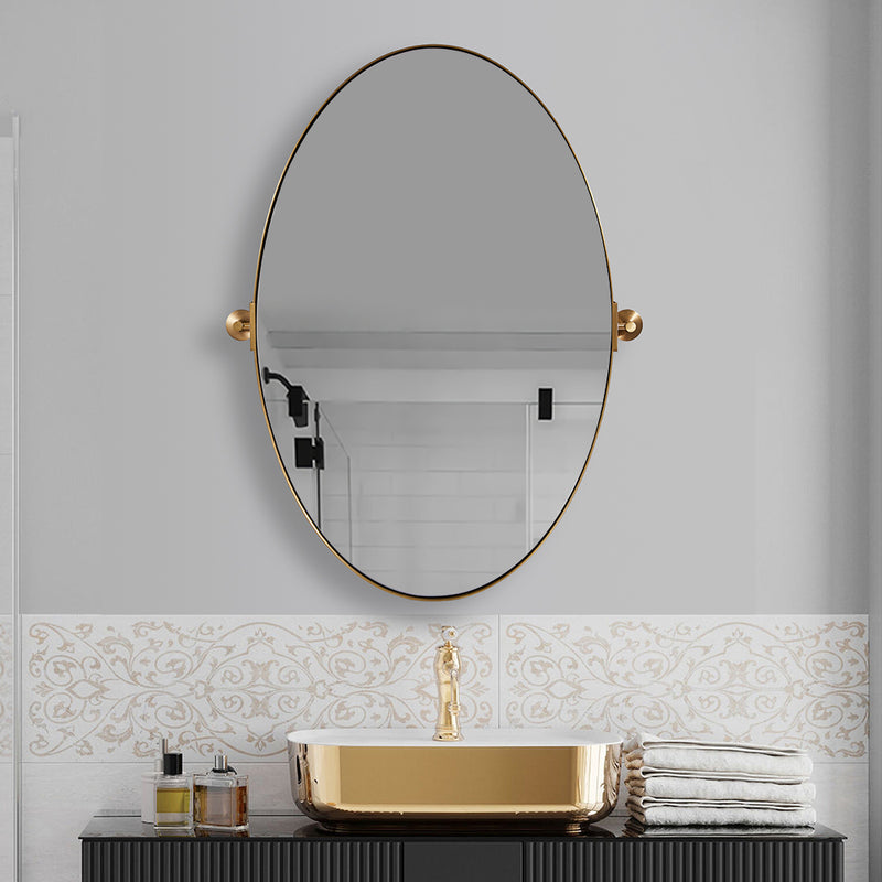 Brushed Gold Oval Mirror Tilting Pivot Oval Bathroom/Vanity Mirror Adjustable Swivel Mirrors Stainless Steel Frame