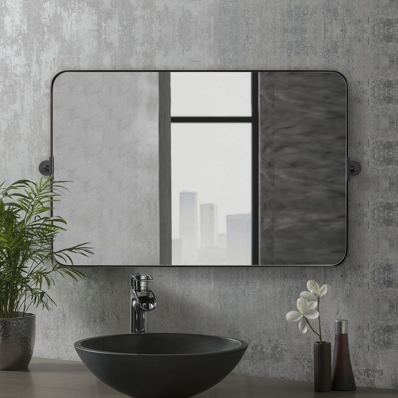 MOONMIRROR Modern Tilting Pivot Bathroom/Vanity Mirror Rounded Rectangle Mirror Matte Black Adjustable Swivel Wall Mirror| Stainless Steel Frame