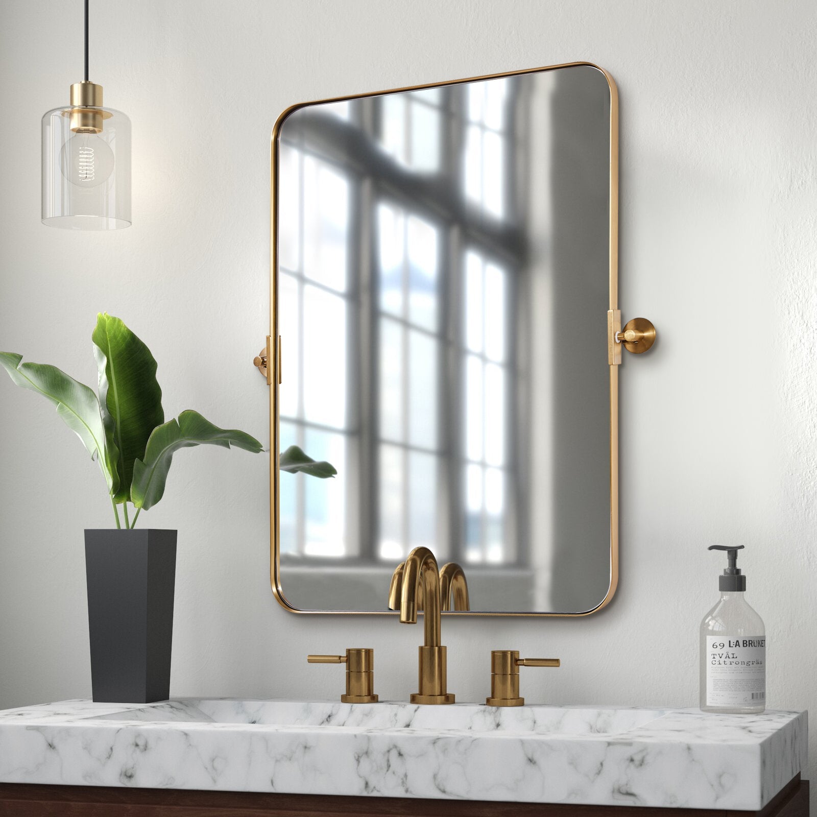 MOONMIRROR Modern Tilting Pivot Bathroom/Vanity Mirror Brass Rectangle Mirror Adjustable Swivel Wall Mirrors | Stainless Steel Frame