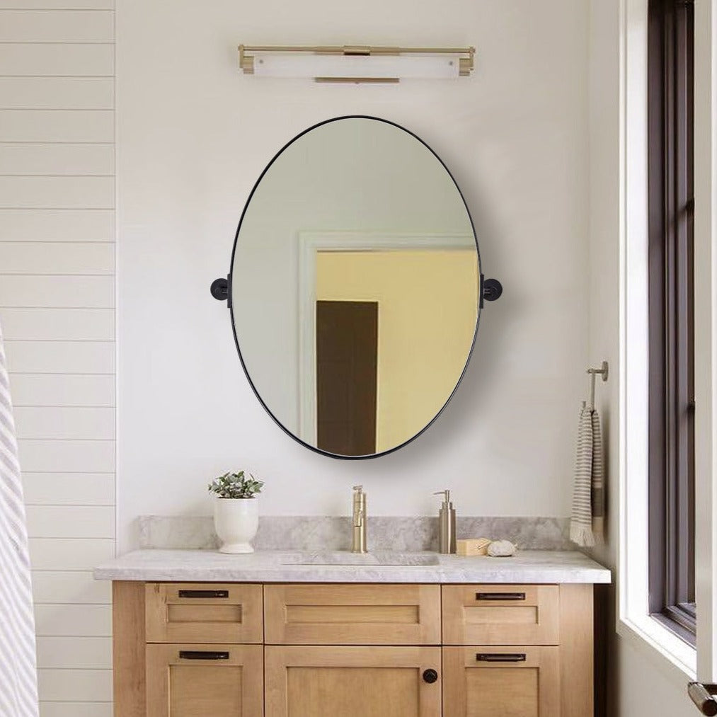 Bathroom Oval Pivot Mirror Black Metal Frame Titling Wall Mirror