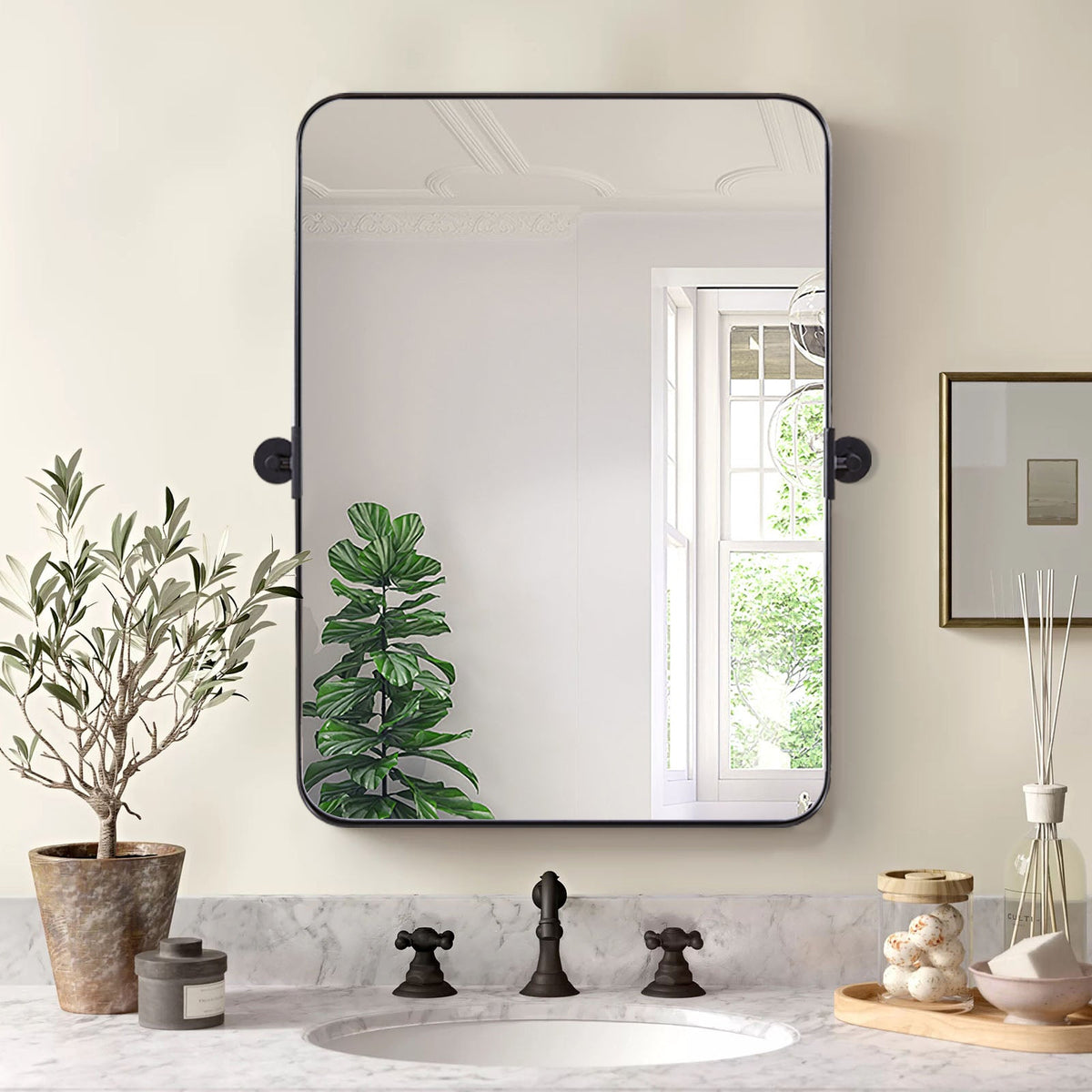 MOON MIRROR Matte Black Pivot Tilt Rectangle Bathroom/ Vanity Mirrors | Stainless Steel Frame