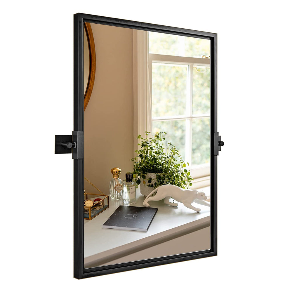 Matte Black Rustic Wooden Rectangular Pivot Wall Mirrors for Bathroom