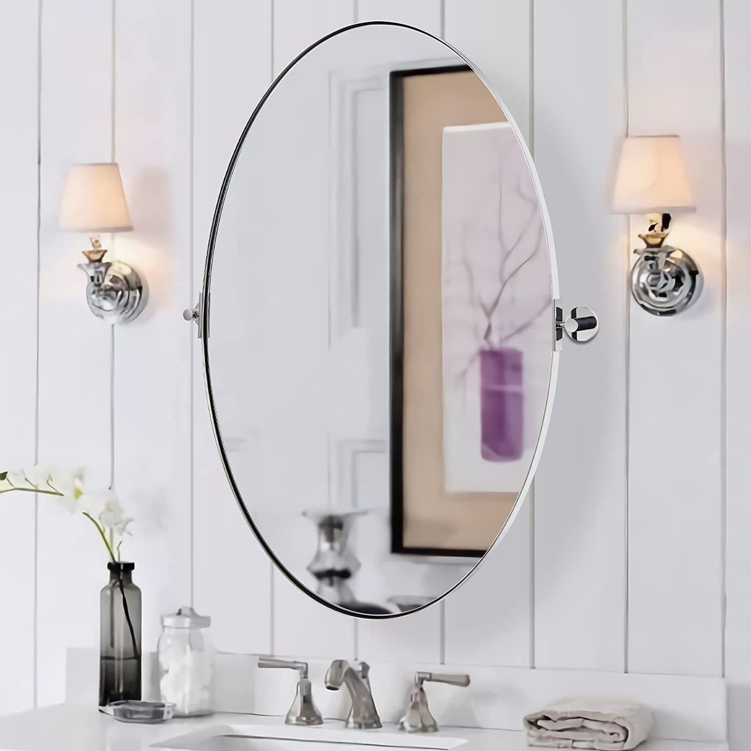 Modern Oval Pivot Mirror Adjustable Swivel Tilt Bathroom Oval Wall Mirror Stainless Steel Frame#color_polished chrome