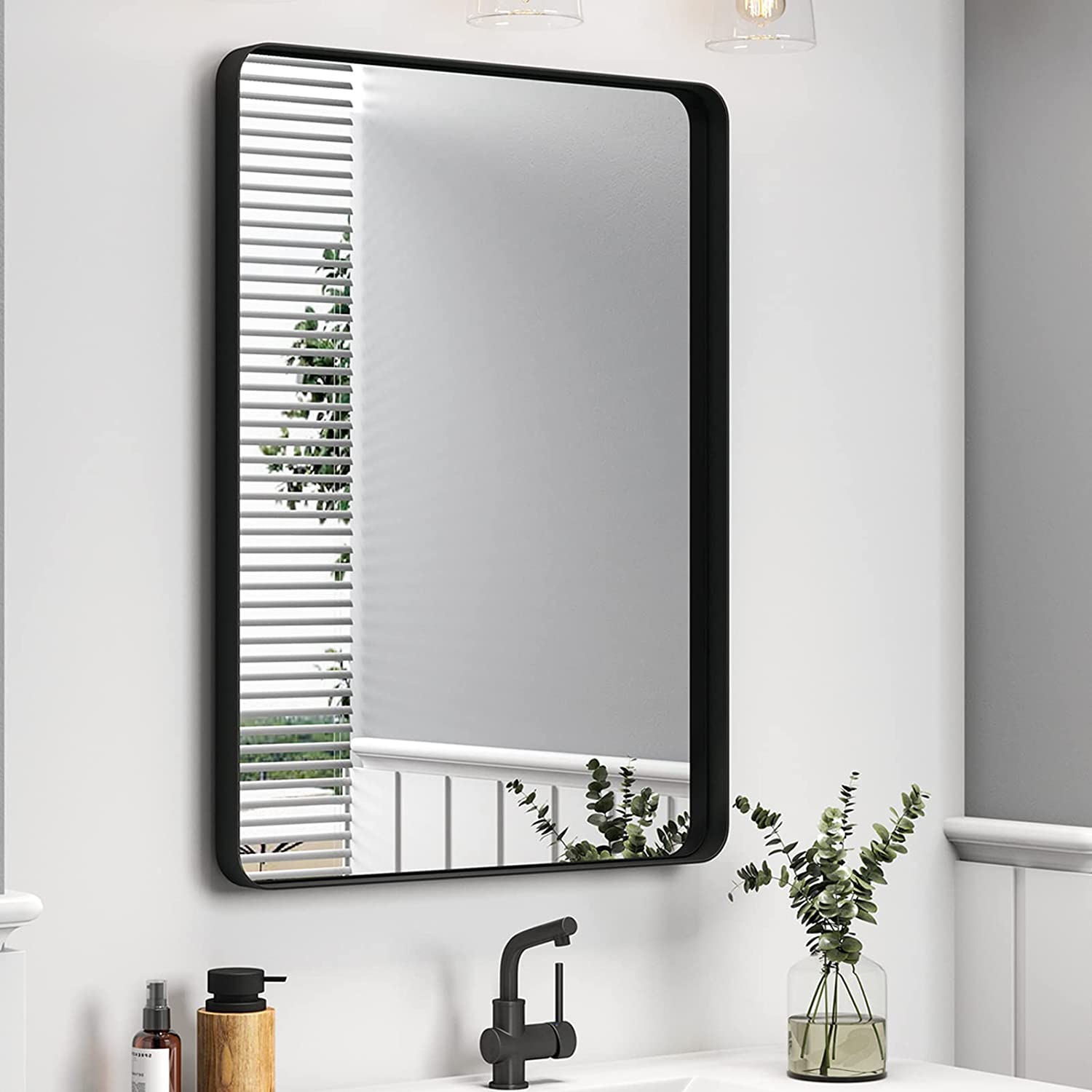 Modern 2" Deep Framed Bathroom Mirror Rounded Rectangle Mirror Hang Vertical or Horizontal | Stainless Steel Frame #color_matte black
