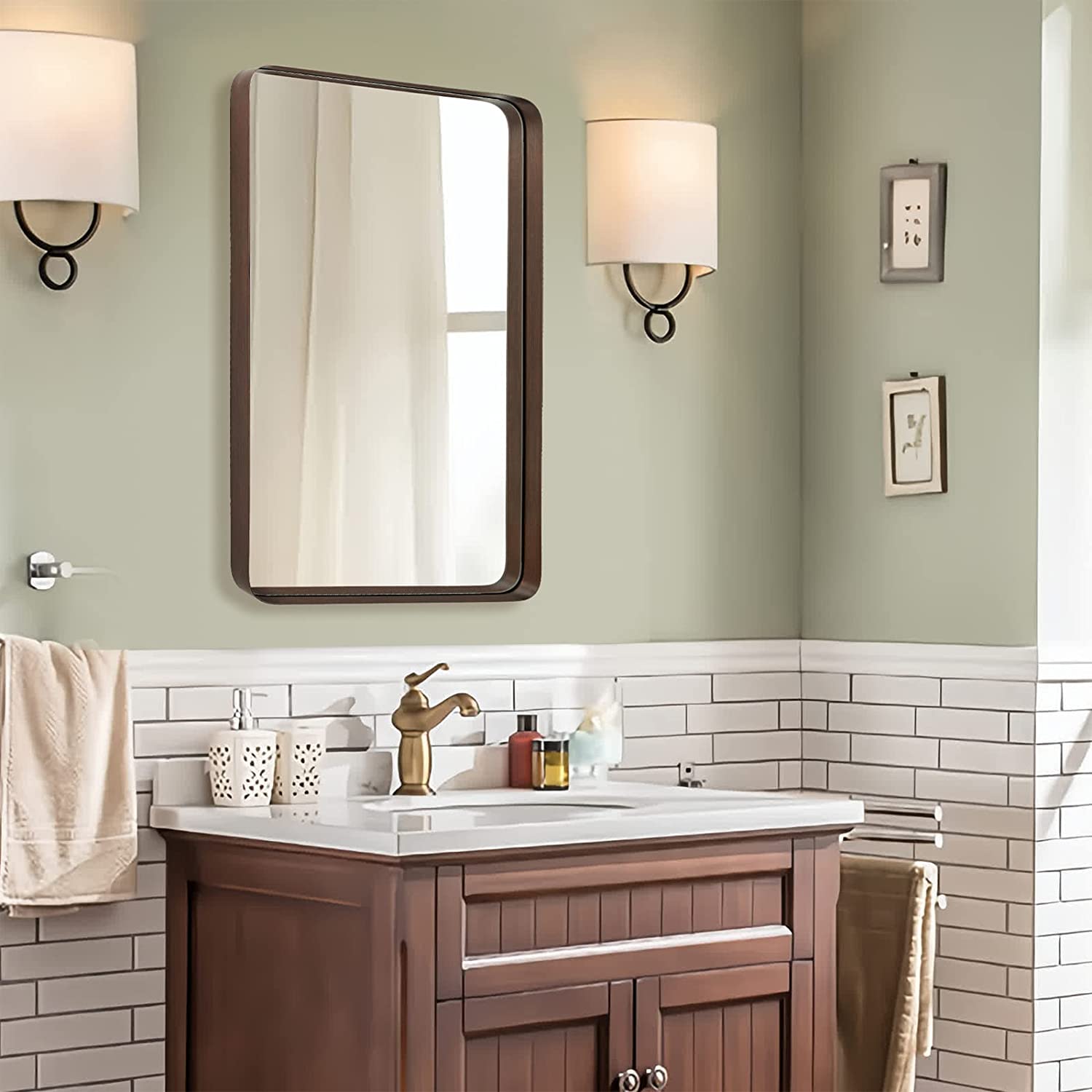 Modern 2" Deep Framed Bathroom Mirror Rounded Rectangle Mirror Hang Vertical or Horizontal | Stainless Steel Frame #color_brushed bronze