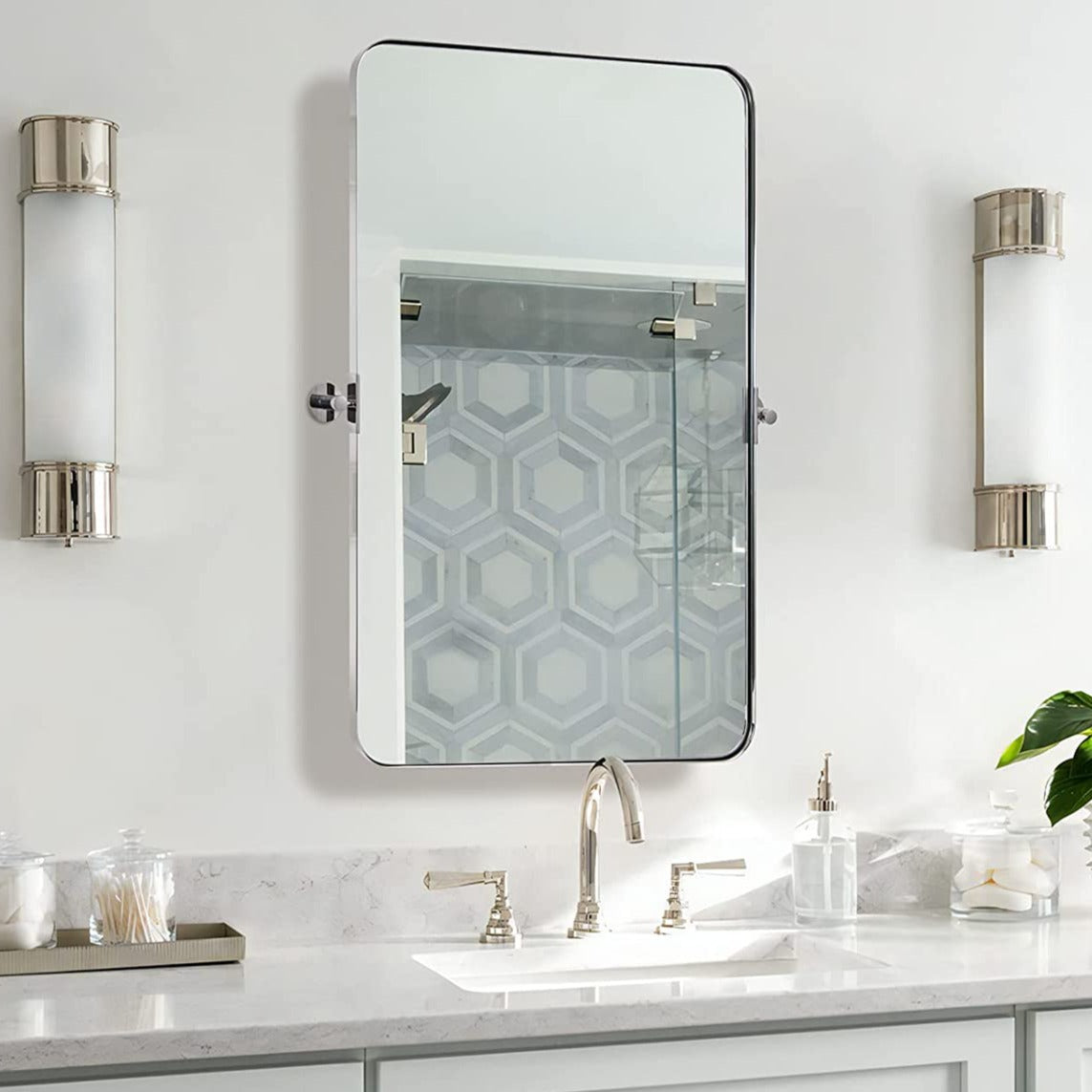 Modern Tilting Pivot Mirror for Bathroom Vanity Rounded Rectangle Mirror Adjustable Swivel Wall Mirror| Stainless Steel Frame Mounted Vertically #color_polished chrome