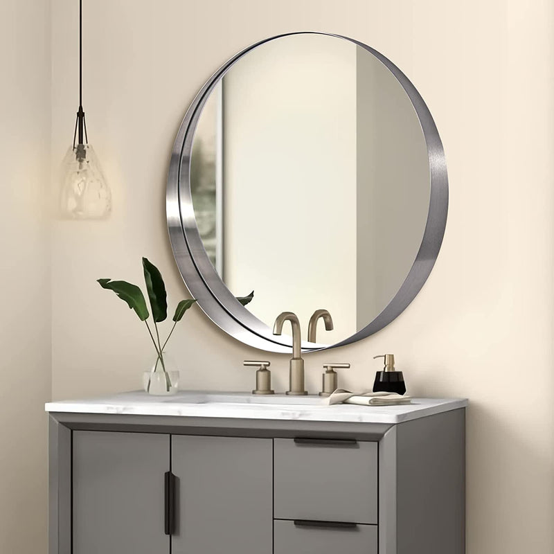 Modern Silver Round Mirror Deep Frame Large Circle Wall Mirror Brushed Nickel Bathroom Round Mirror