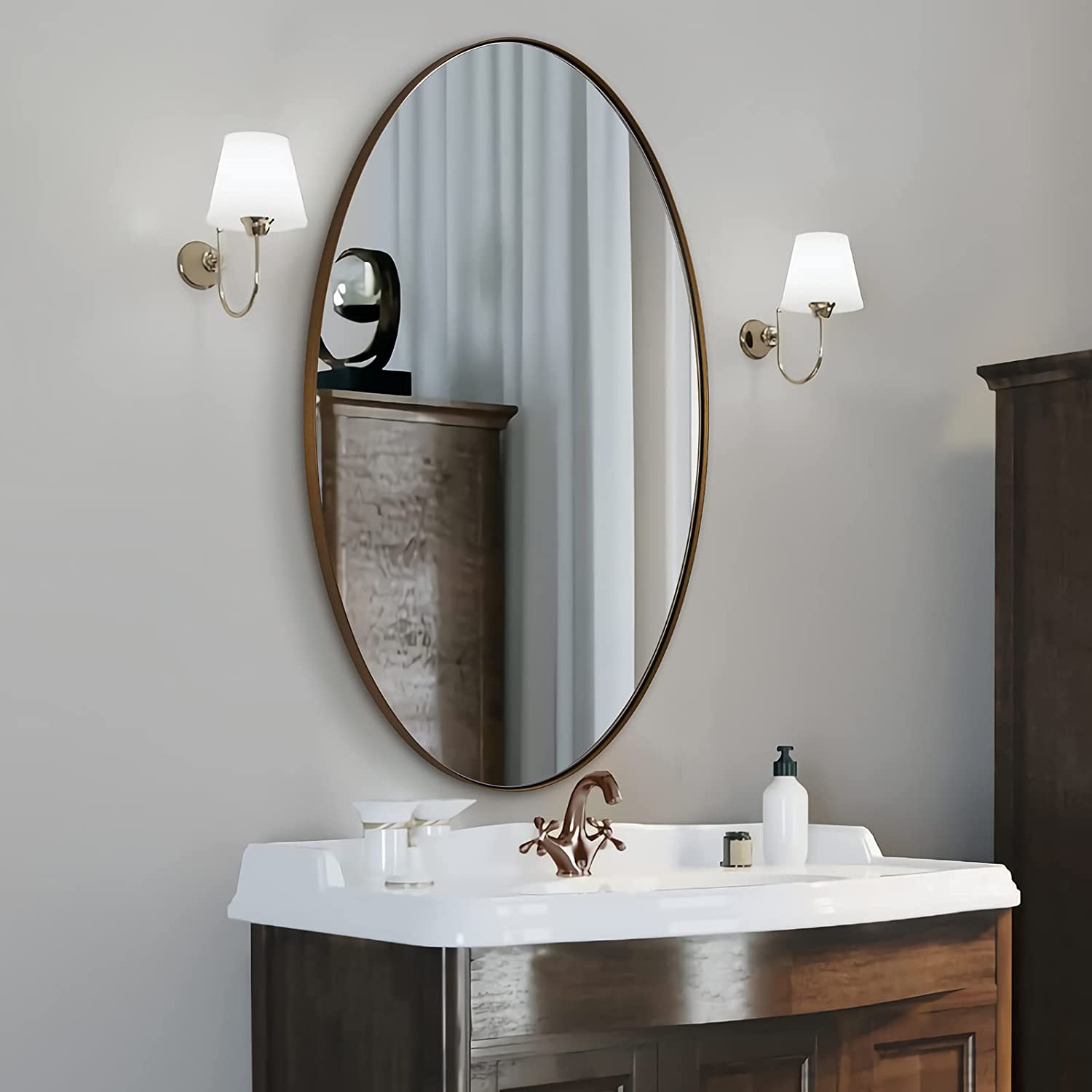 Modern Bathroom Oval Vanity Mirrors |Stainless Steel Frame Mounted Horizontal or Vertical#color_brushed bronze