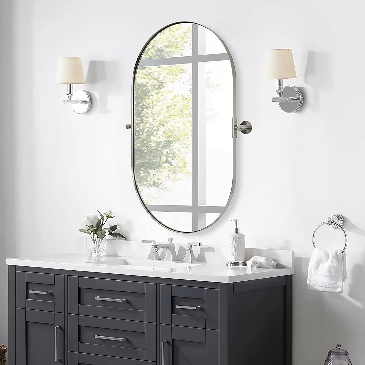 Modern Pill Shaped Pivot Mirrors Swivel Tilting Bathroom Vanity Capsule Mirrors Hangs Vertical