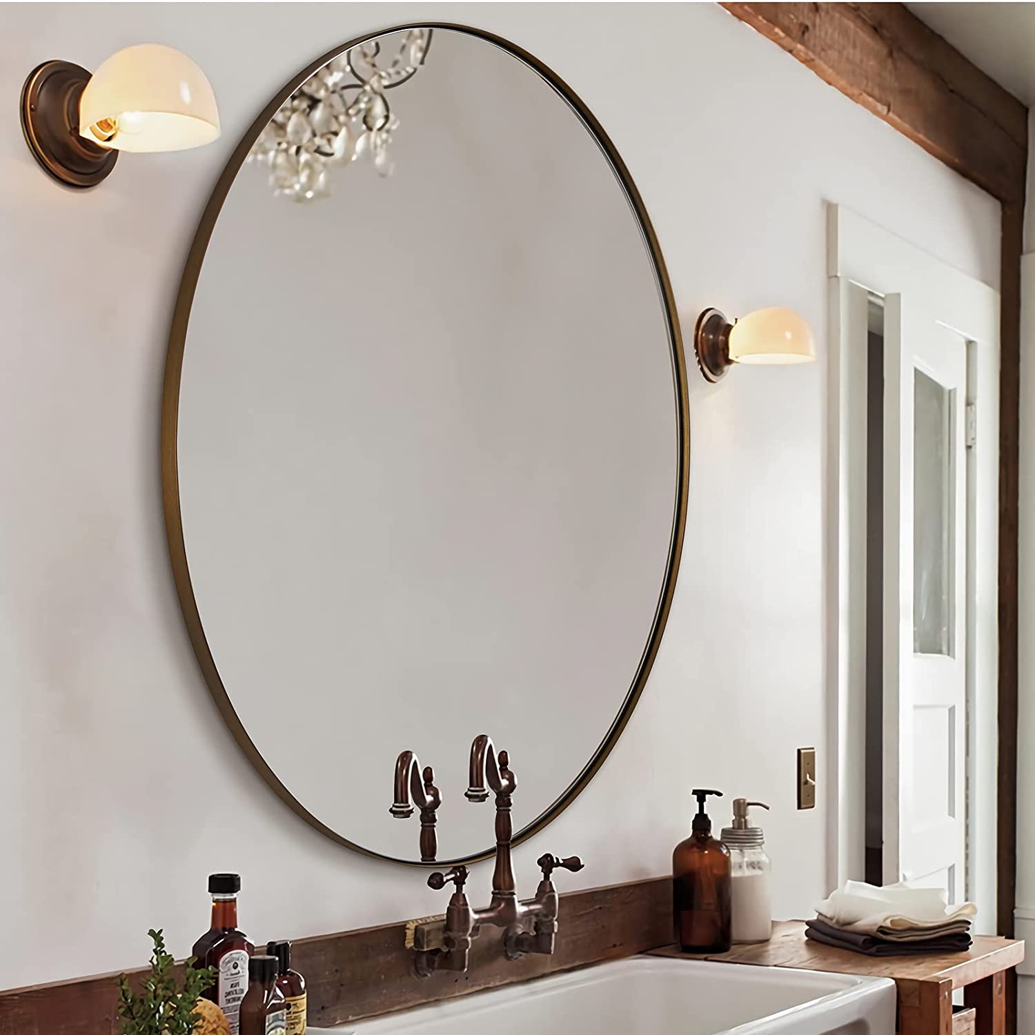 Modern Bathroom Oval Vanity Mirrors |Stainless Steel Frame Mounted Horizontal or Vertical#color_brushed bronze