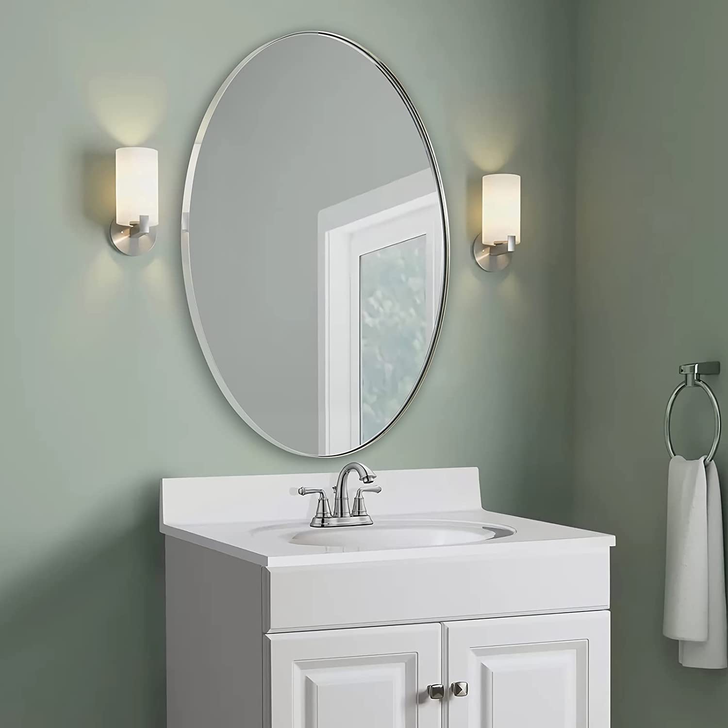 Modern Oval Wall Mounted Mirror for Bathroom Living Room | Stainless Steel Framed