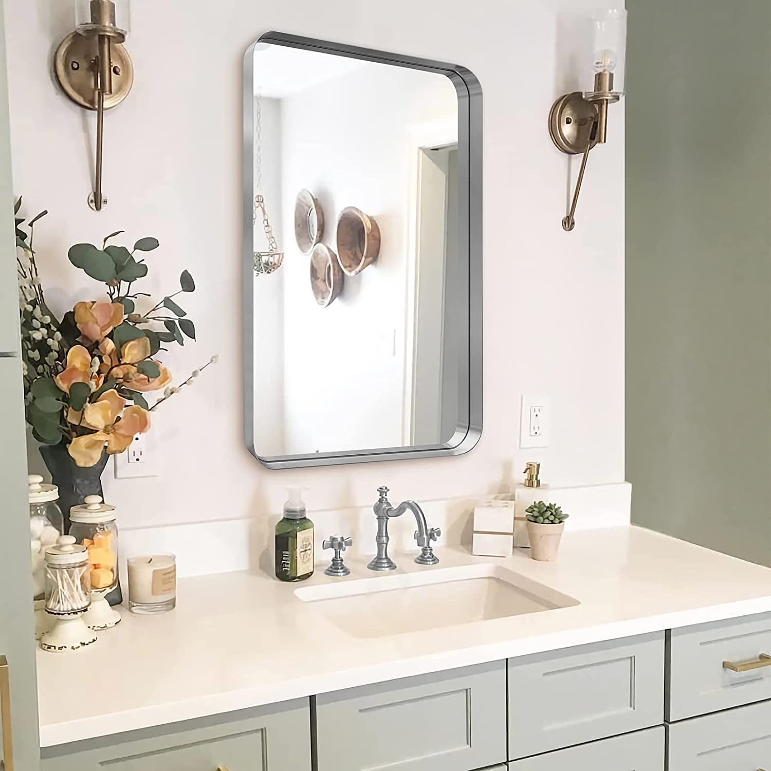 Modern 2" Deep Framed Bathroom Mirror Rounded Rectangle Mirror Hang Vertical or Horizontal | Stainless Steel Frame #color_brushed nickel
