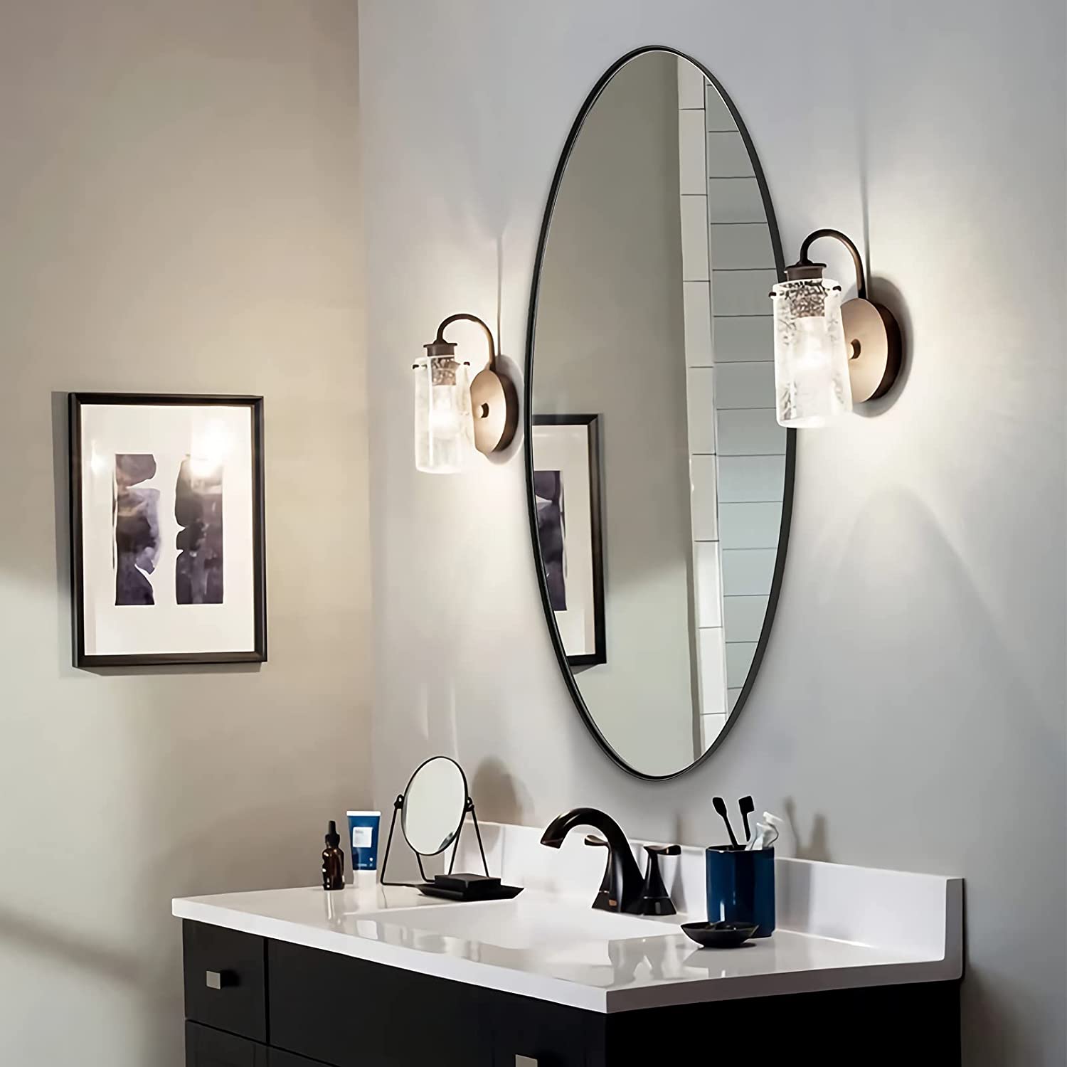 Modern Bathroom Oval Vanity Mirrors |Stainless Steel Frame Mounted Horizontal or Vertical
