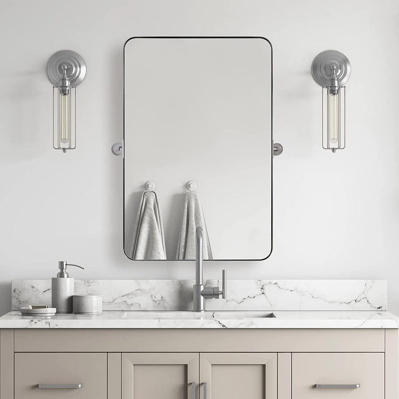 Modern Tilting Pivot Mirror for Bathroom Vanity Rounded Rectangle Mirror Adjustable Swivel Wall Mirror| Stainless Steel Frame Mounted Vertically