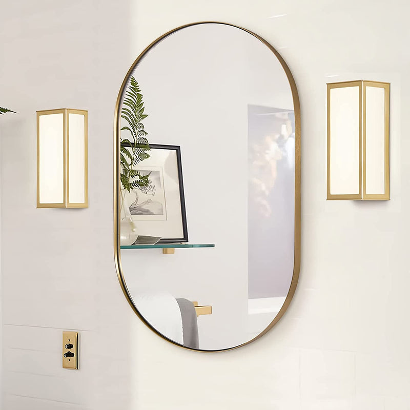 ANDY STAR® Brushed Gold Pill Shape Mirror Edge Capsule Wall Mirror For Bathroom Stainless Steel Framed | Wall Mounted Horizontal/Vertical Gold