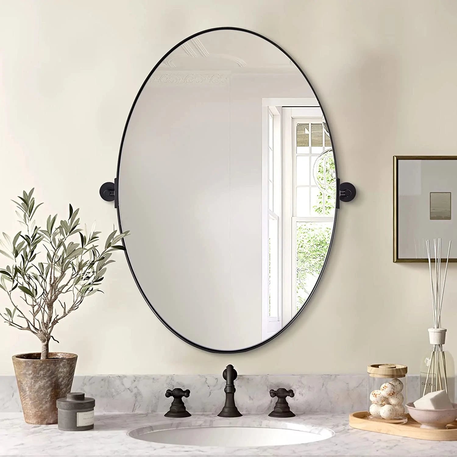 Modern Oval Pivot Mirror Adjustable Swivel Tilt Bathroom Oval Wall Mirror Stainless Steel Frame#color_matte black