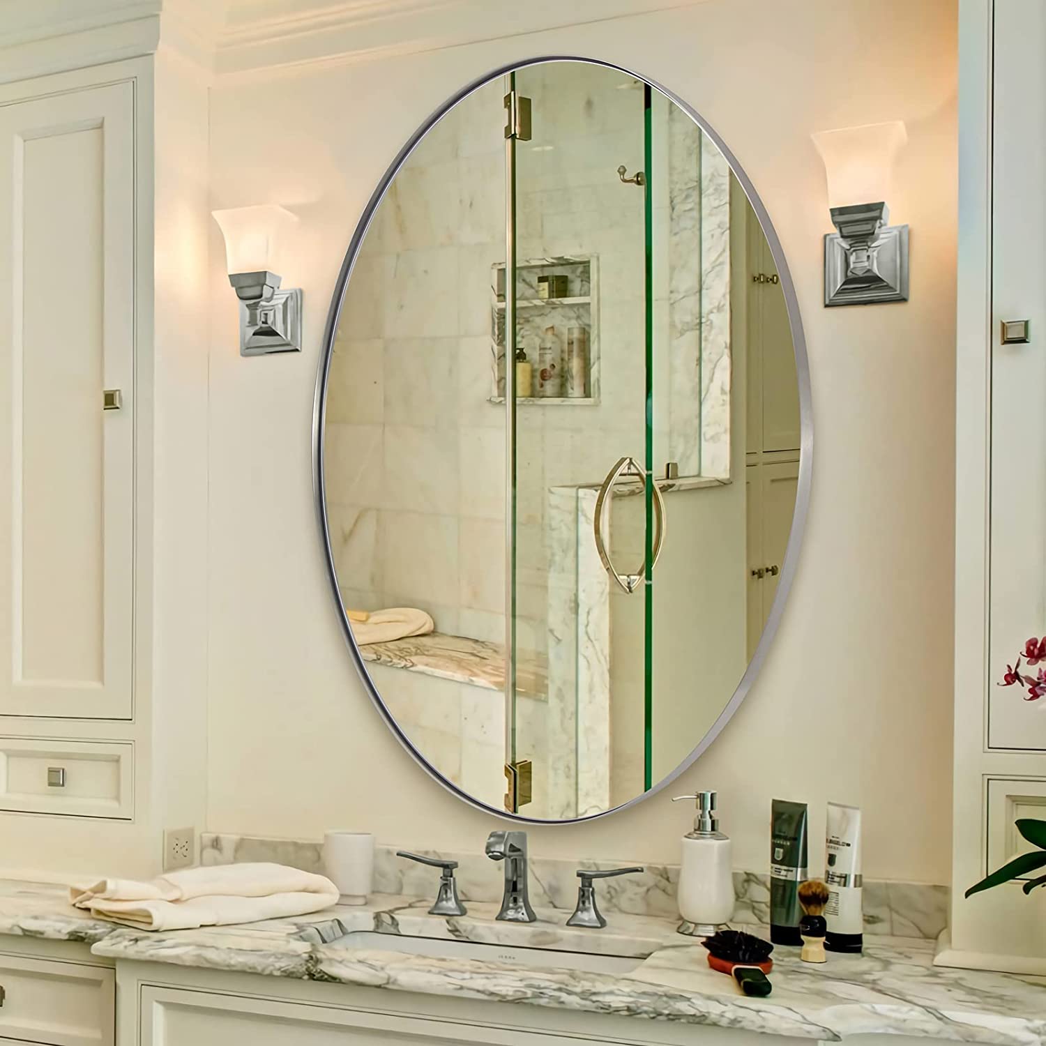Modern Bathroom Oval Vanity Mirrors |Stainless Steel Frame Mounted Horizontal or Vertical#color_brushed nickel