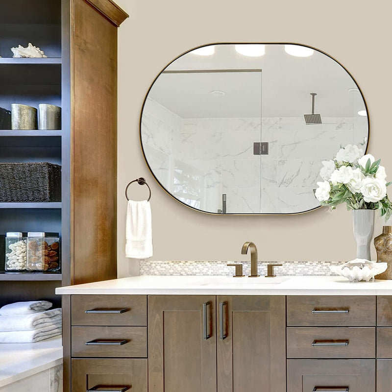 ANDY STAR® Brushed Gold Pill Shape Mirror Edge Capsule Wall Mirror For Bathroom Stainless Steel Framed | Wall Mounted Horizontal/Vertical Gold