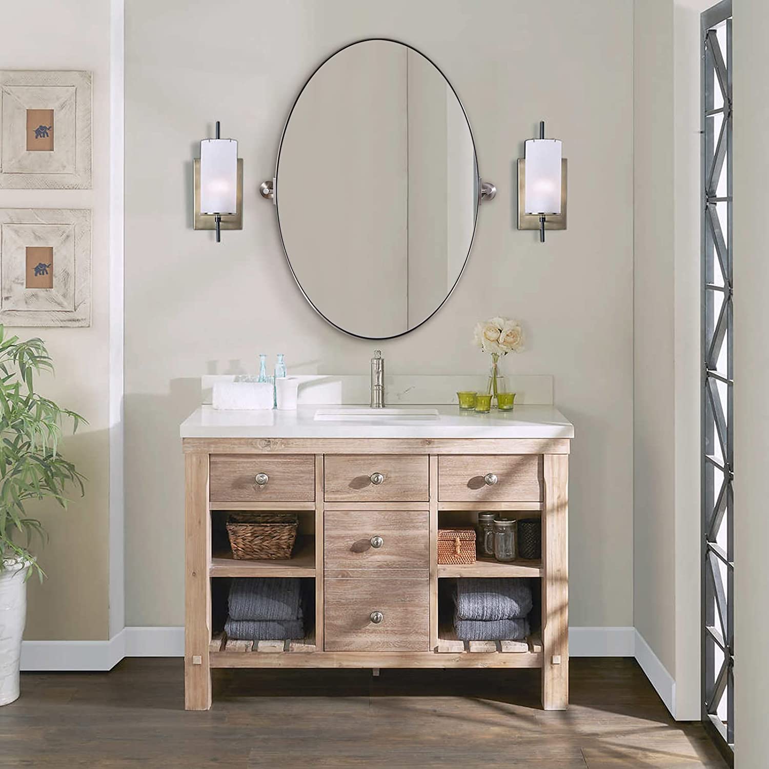 Open Box Like New : Modern Matte Black Oval Mirror Bathroom Vanity Pivot Tilt Mirror Floating Adjustable Swivel Oblong Mirror Wall Mounted Vertical