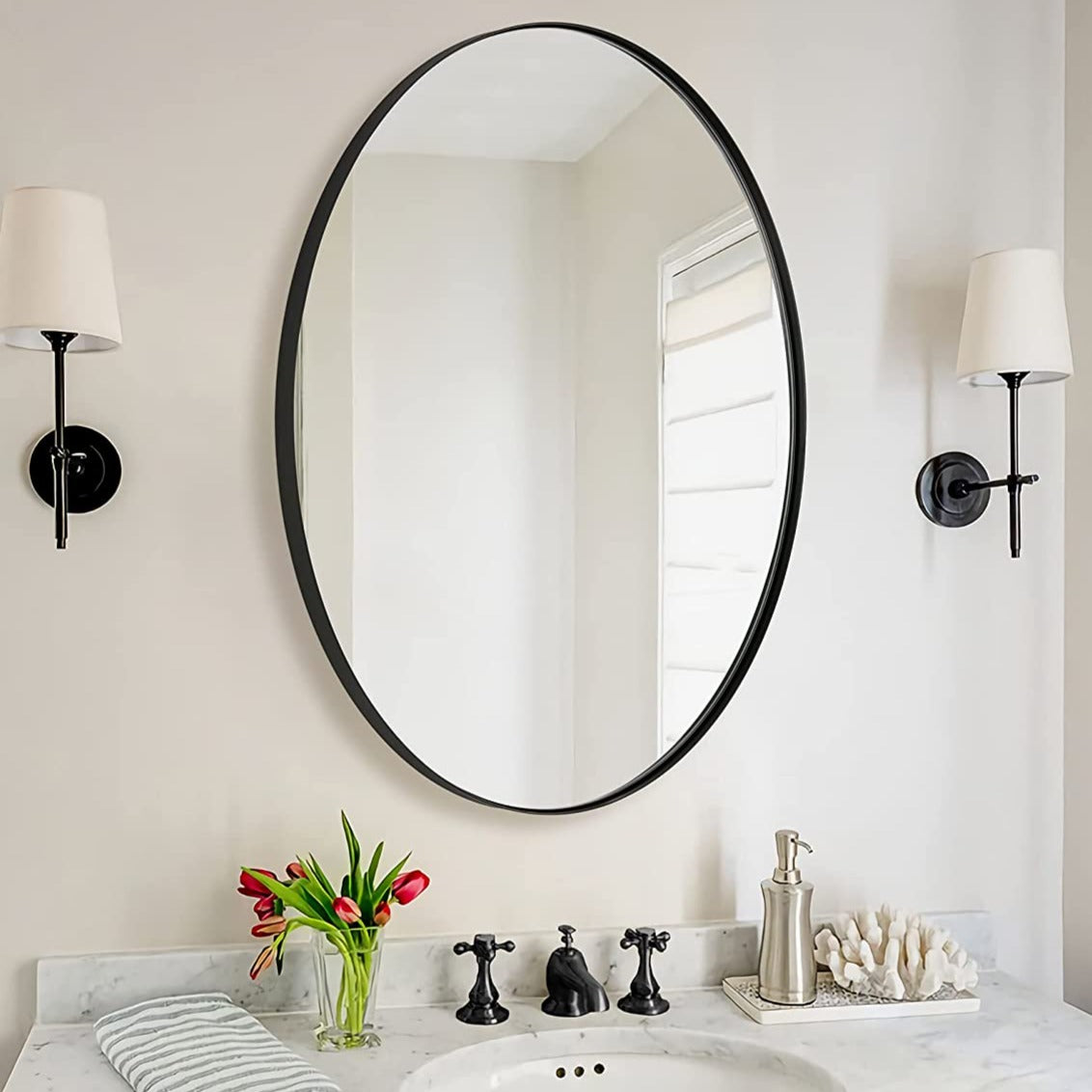 Modern Bathroom Oval Vanity Mirrors |Stainless Steel Frame Mounted Horizontal or Vertical#color_matte black