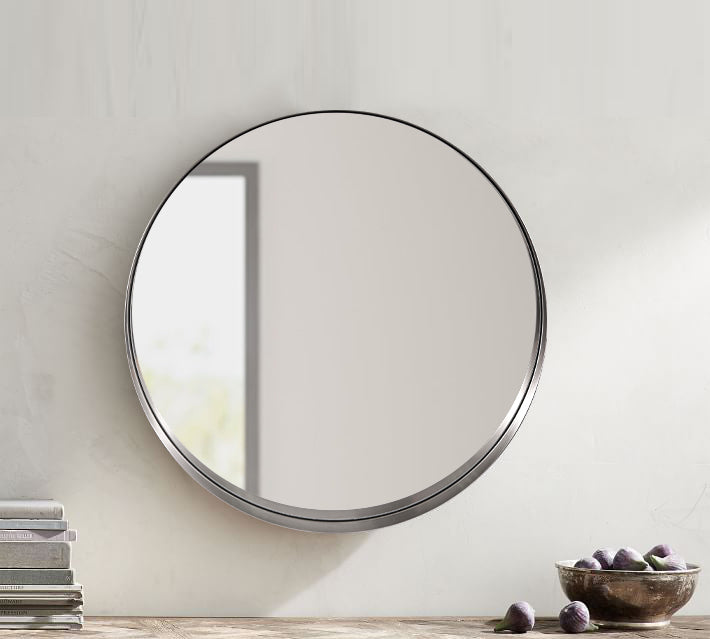 Modern Silver Round Mirror Deep Frame Large Circle Wall Mirror Brushed Nickel Bathroom Round Mirror