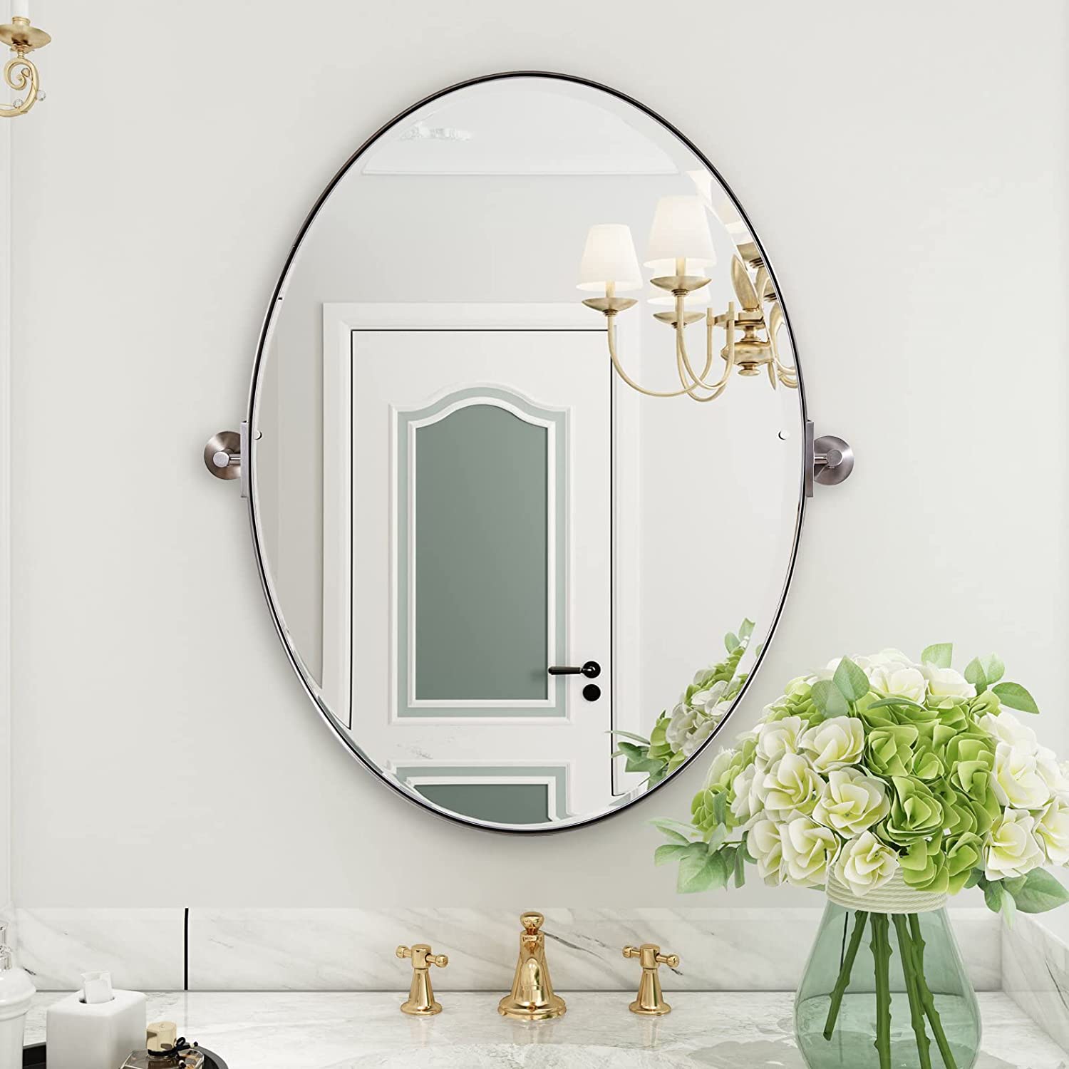Open Box Like New : Oval Pivot Mirrors Adjustable Tilting Angle for Bathroom | Stainless Steel Framed